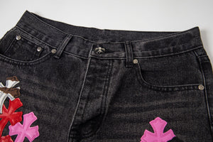 Chrome Hearts Multi Cross Patch Denim Jeans - Grey Gothic Street Pants 1111