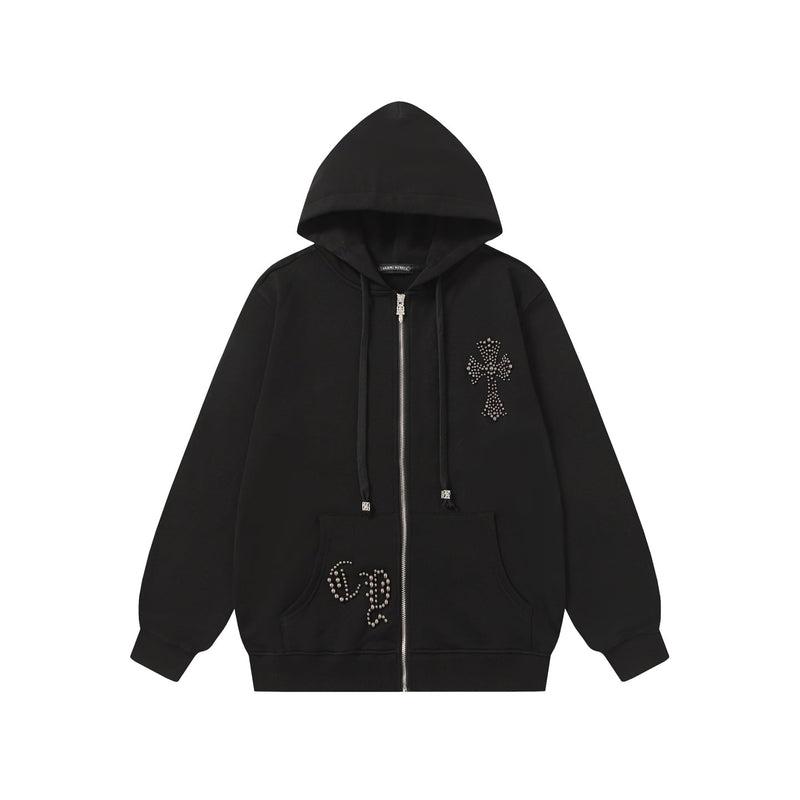 Chrome Hearts Rhinestone Cross Hoodie - Black Gothic Streetwear Sweatshirt 2633