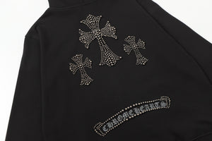 Chrome Hearts Rhinestone Cross Hoodie - Black Gothic Streetwear Sweatshirt 2633