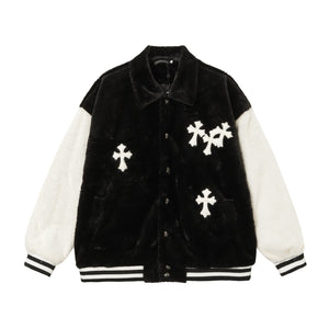 Chrome Hearts Faux Fur Cross Varsity Jacket - Black White Gothic Streetwear 035