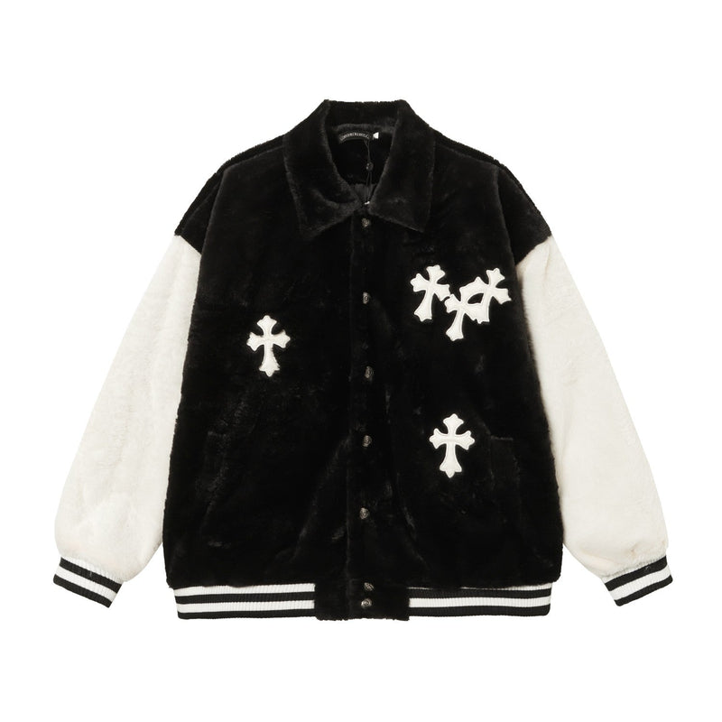 Chrome Hearts Faux Fur Cross Varsity Jacket - Black White Gothic Streetwear 035