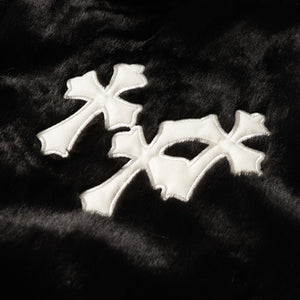 Chrome Hearts Faux Fur Cross Varsity Jacket - Black White Gothic Streetwear 035