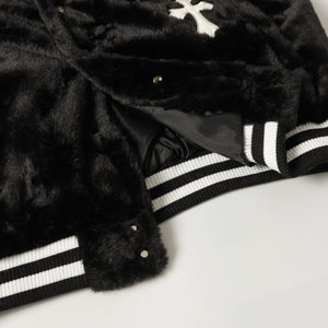 Chrome Hearts Faux Fur Cross Varsity Jacket - Black White Gothic Streetwear 035