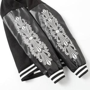 Chrome Hearts Cross Embroidered Leather Sleeve Varsity Jacket - Black Street Style 116