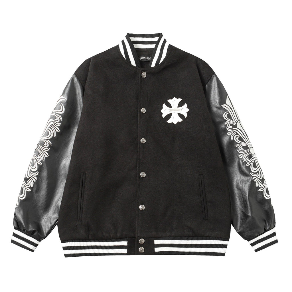 Chrome Hearts Cross Embroidered Leather Sleeve Varsity Jacket - Black Street Style 116