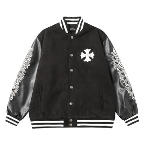 Chrome Hearts Cross Embroidered Leather Sleeve Varsity Jacket - Black Street Style 116