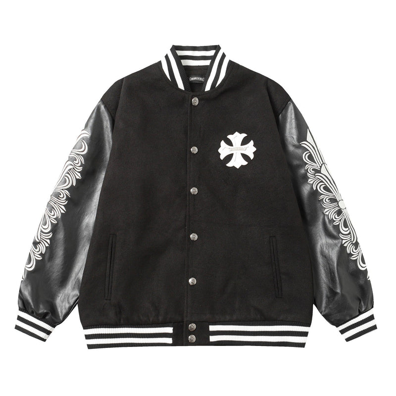 Chrome Hearts Cross Embroidered Leather Sleeve Varsity Jacket - Black Street Style 116