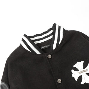 Chrome Hearts Cross Embroidered Leather Sleeve Varsity Jacket - Black Street Style 116