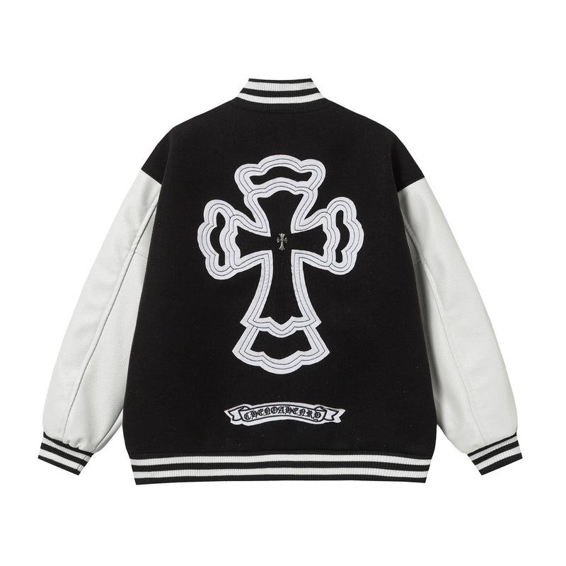 Chrome Hearts Layered Cross Varsity Jacket - Black White Street Style Outerwear 2208