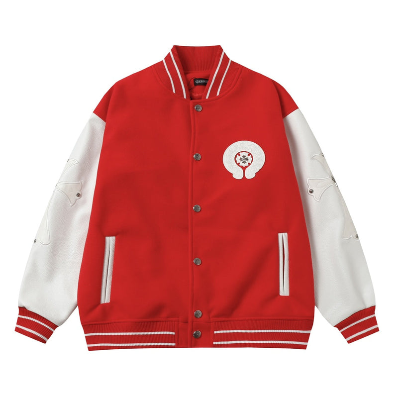 Chrome Hearts Red Cross Varsity Jacket - White Sleeve Gothic Street Baseball Coat D68