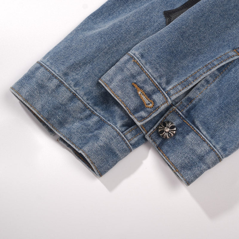 Chrome Hearts Patchwork Denim Jacket - Vintage Blue Gothic Street Jacket 0789